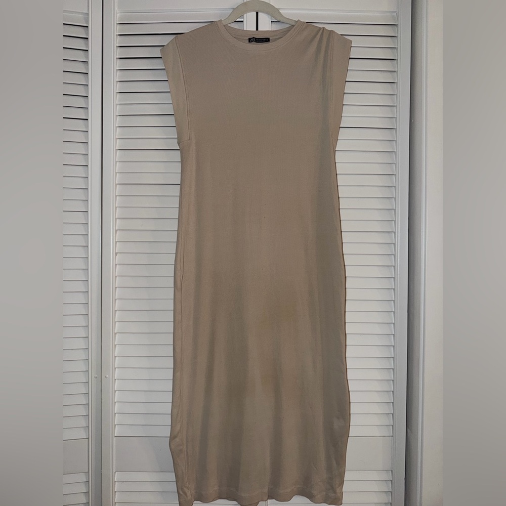 Zara Ribbed Crewneck Dress in Beige